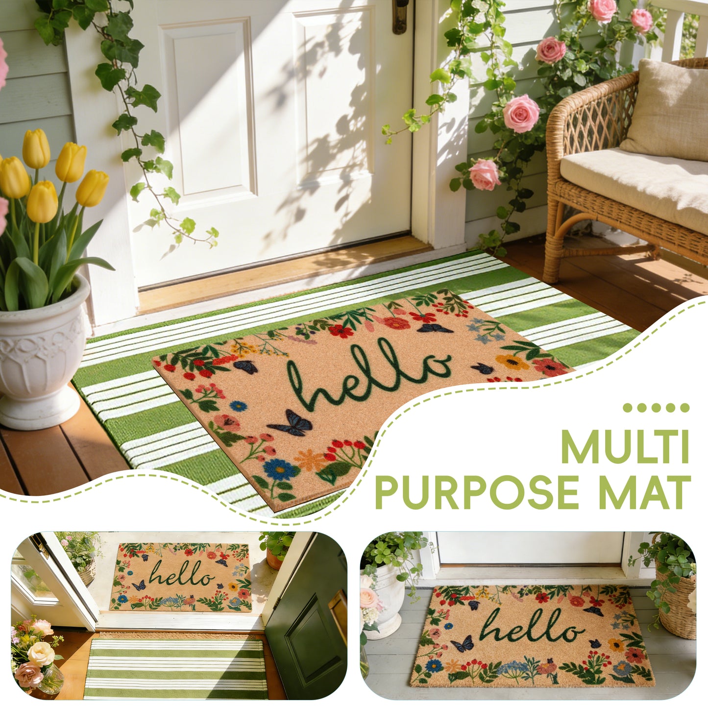 Spring Floral Hello Door Mat and Green White Striped Welcome Mats