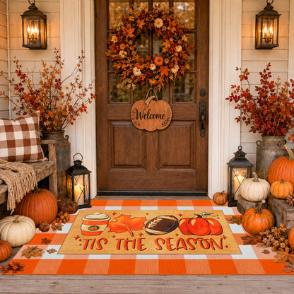 Layered Pumpkin Welcome Coir Doormat with Orange and White Buffalo Plaid Mats