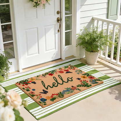 Spring Floral Hello Door Mat and Green White Striped Welcome Mats