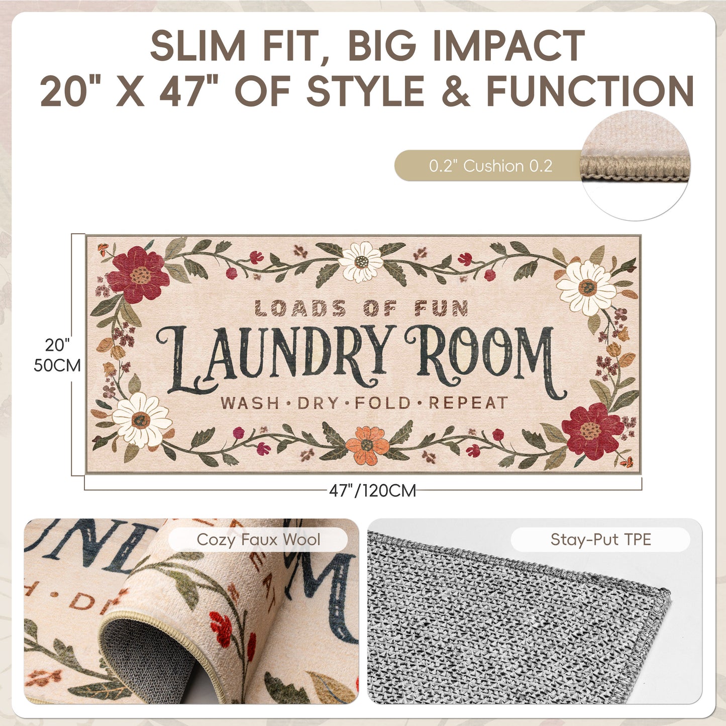 Laundry Room Rug 20"x47" – Low-Profile Boho Non-Slip Area Rug