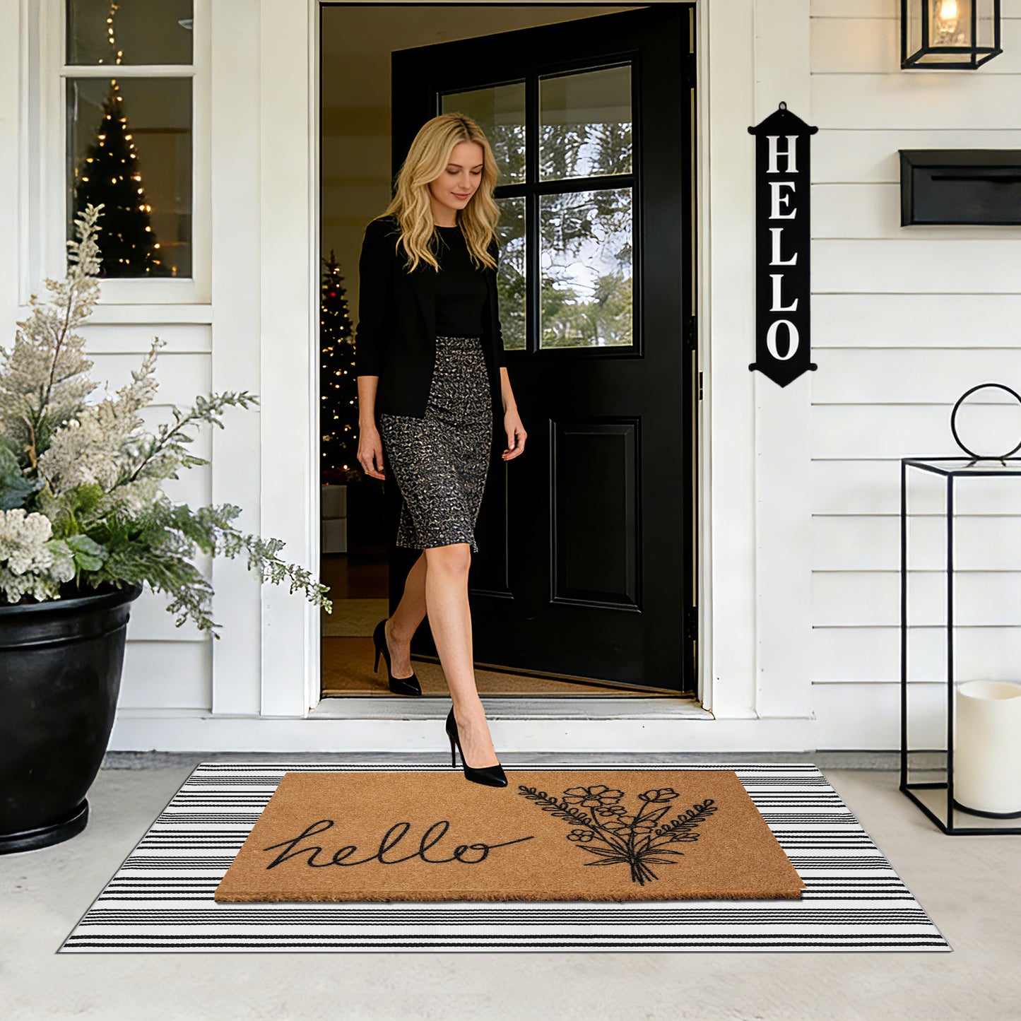 Coco Coir Welcome Doormat with Black and White Striped Mats (Hello)