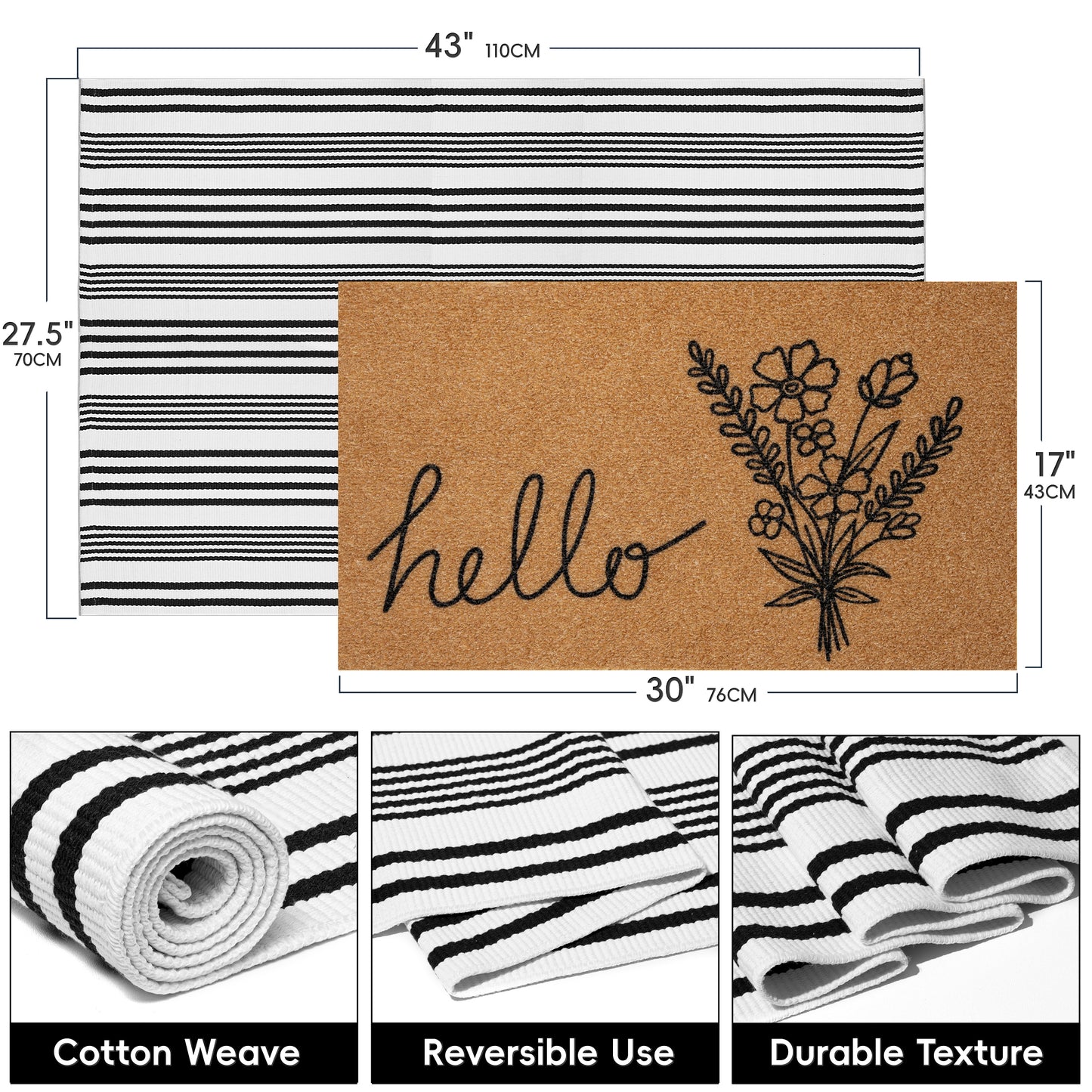 Coco Coir Welcome Doormat with Black and White Striped Mats (Hello)