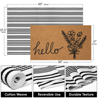 Coco Coir Welcome Doormat with Black and White Striped Mats (Hello)