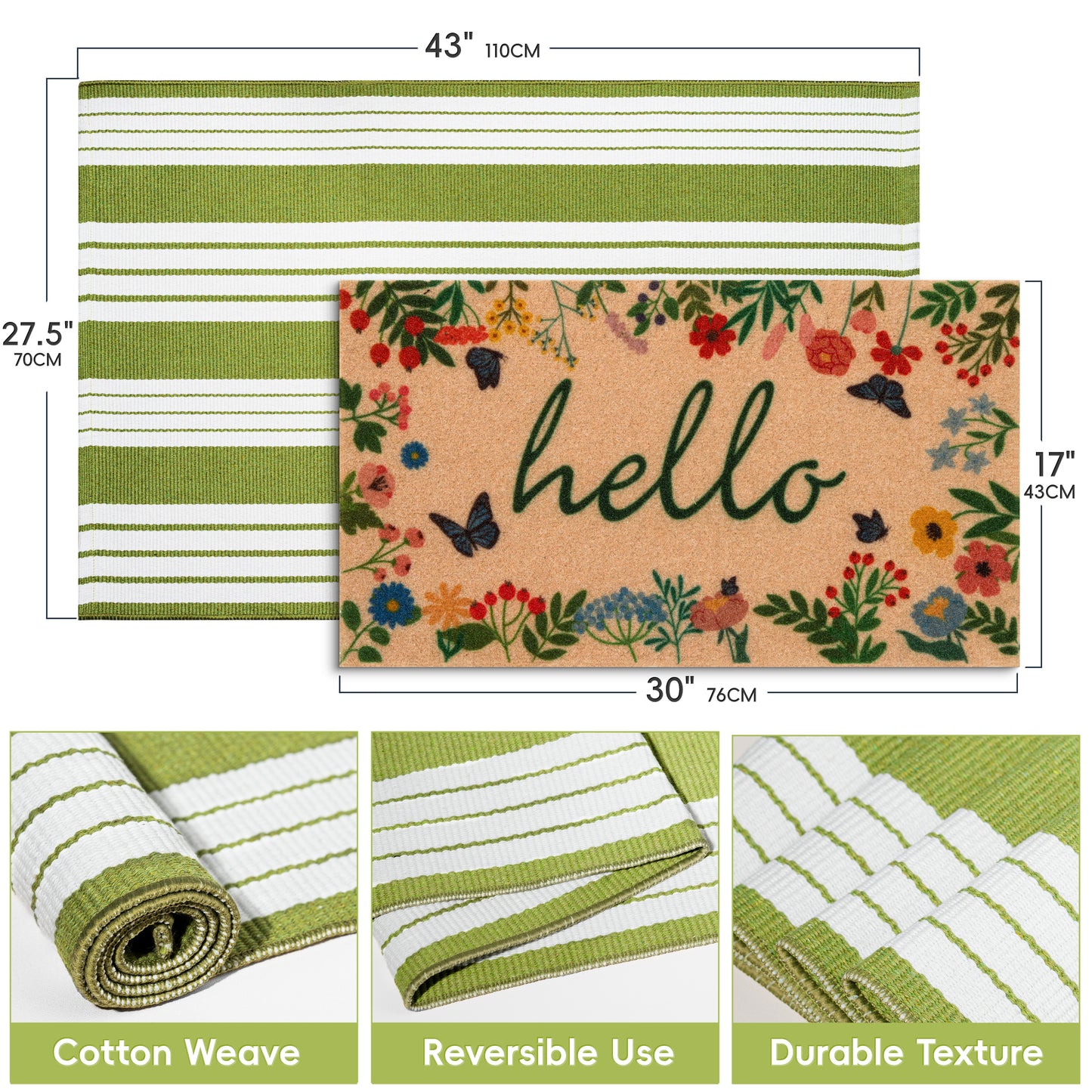Spring Floral Hello Door Mat and Green White Striped Welcome Mats