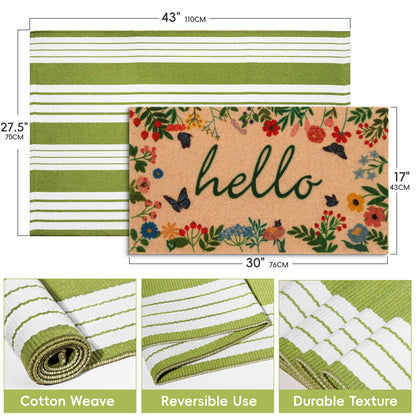 Spring Floral Hello Door Mat and Green White Striped Welcome Mats