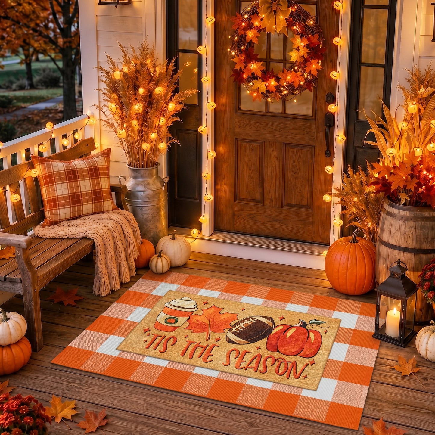 Layered Pumpkin Welcome Coir Doormat with Orange and White Buffalo Plaid Mats