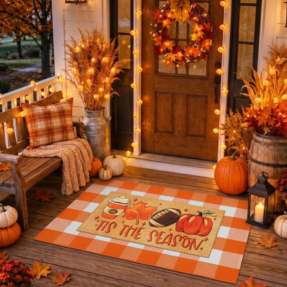 Layered Pumpkin Welcome Coir Doormat with Orange and White Buffalo Plaid Mats