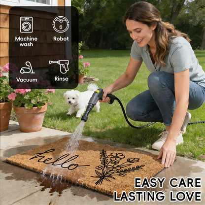 Coco Coir Welcome Doormat with Black and White Striped Mats (Hello)