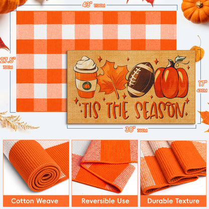 Layered Pumpkin Welcome Coir Doormat with Orange and White Buffalo Plaid Mats