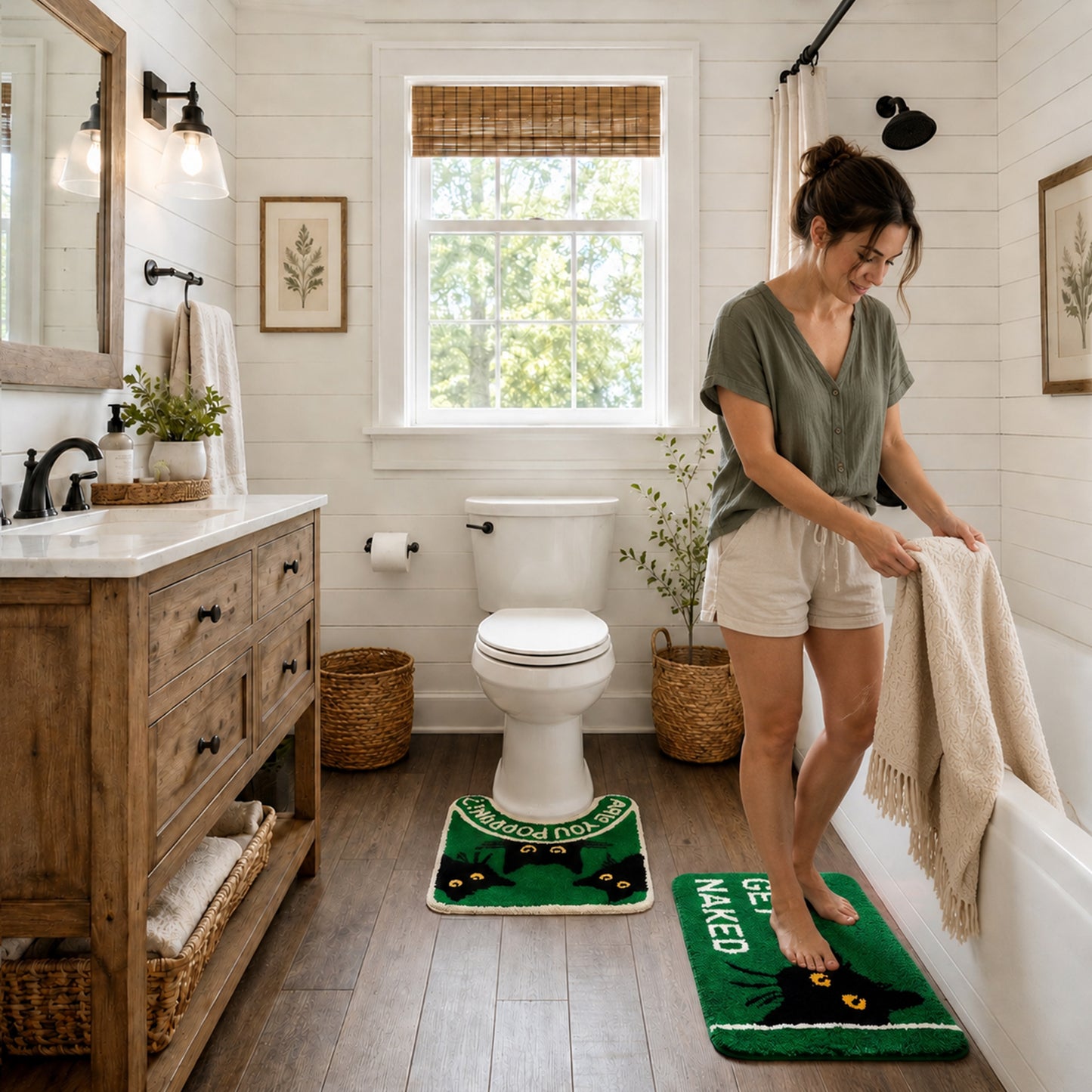You Look Good & Get Naked Bath Mat Set - Funny Bathroom Rugs（cat）
