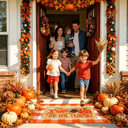 Layered Pumpkin Welcome Coir Doormat with Orange and White Buffalo Plaid Mats