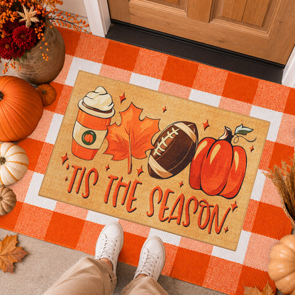 Layered Pumpkin Welcome Coir Doormat with Orange and White Buffalo Plaid Mats