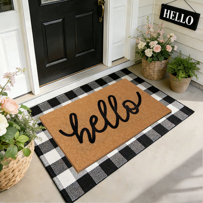 Layered Hello Coir Doormat with Black and White Buffalo Plaid Mat(Hello)