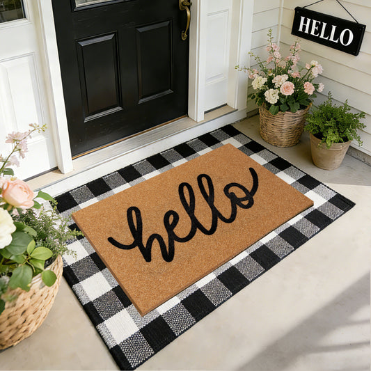 Layered Hello Coir Doormat with Black and White Buffalo Plaid Mat(Hello)