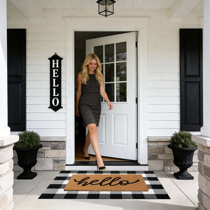 Layered Hello Coir Doormat with Black and White Buffalo Plaid Mat(Hello)