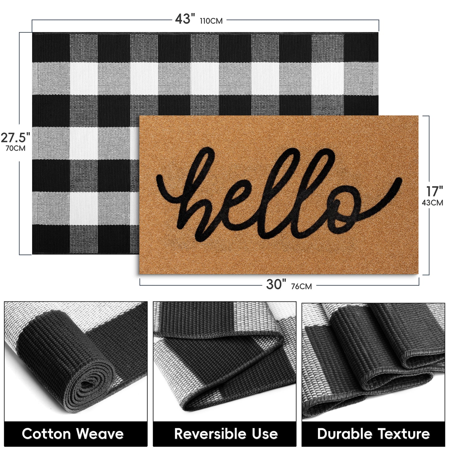 Layered Hello Coir Doormat with Black and White Buffalo Plaid Mat(Hello)