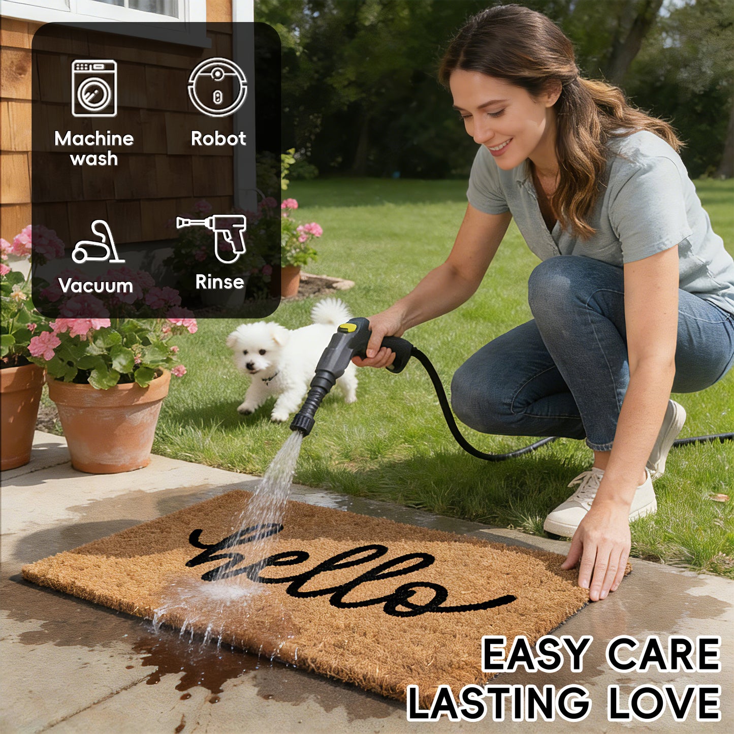 Layered Hello Coir Doormat with Black and White Buffalo Plaid Mat(Hello)