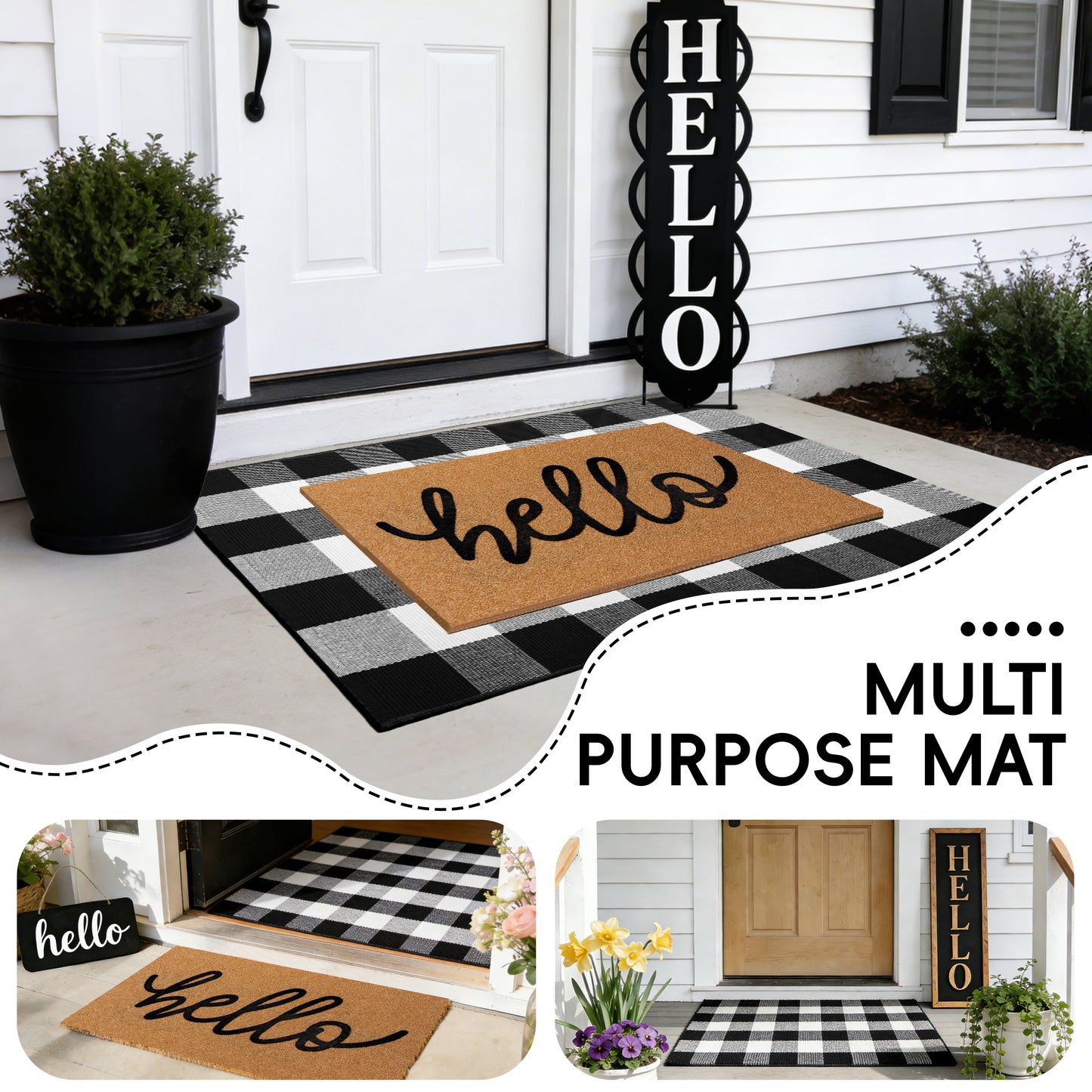 Layered Hello Coir Doormat with Black and White Buffalo Plaid Mat(Hello)