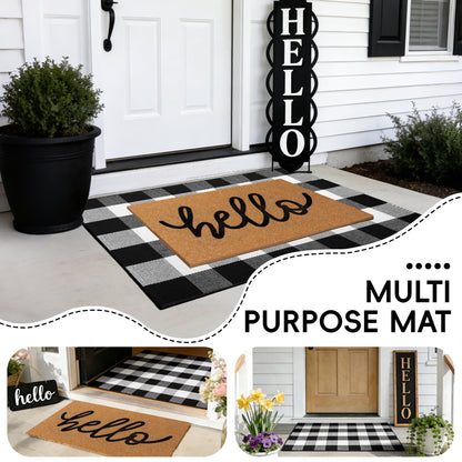 Layered Hello Coir Doormat with Black and White Buffalo Plaid Mat(Hello)