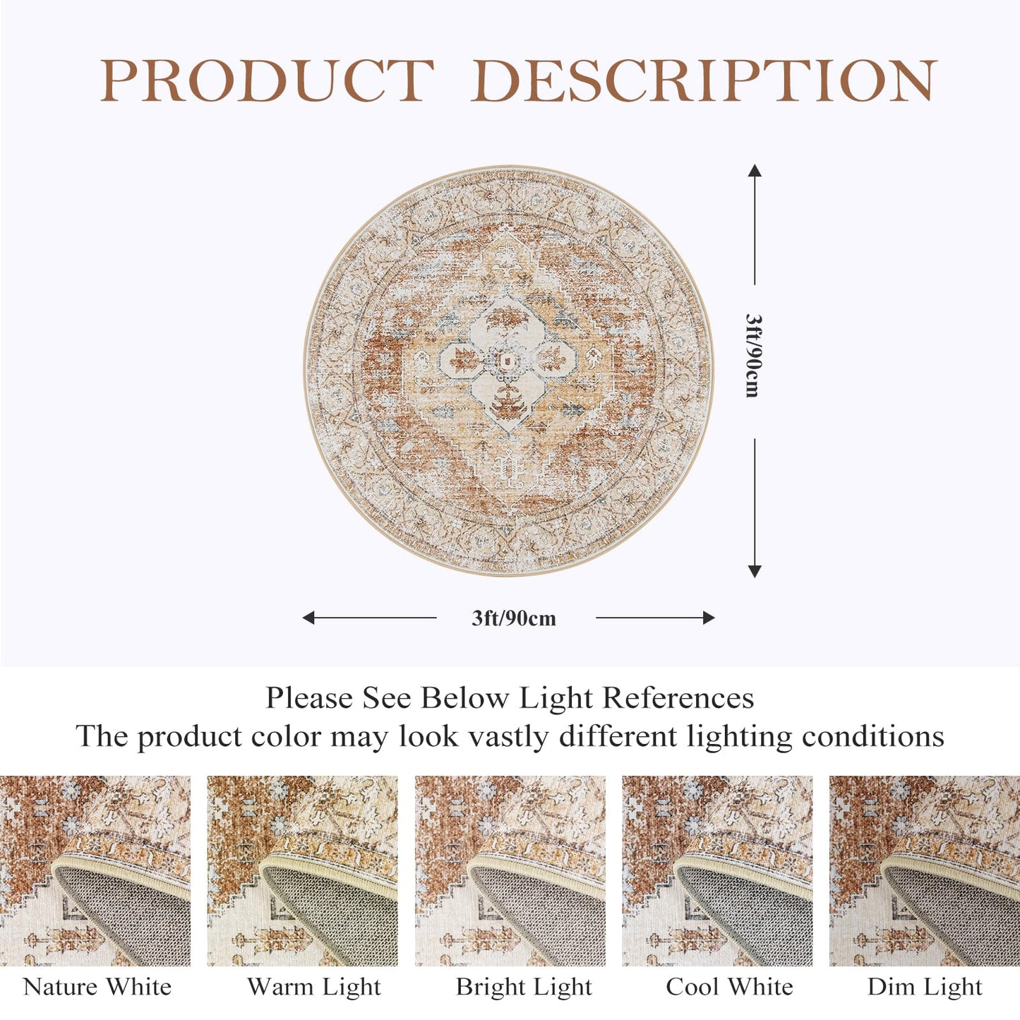 VORNELO Vintage Hallway Circle Round Rug 4'